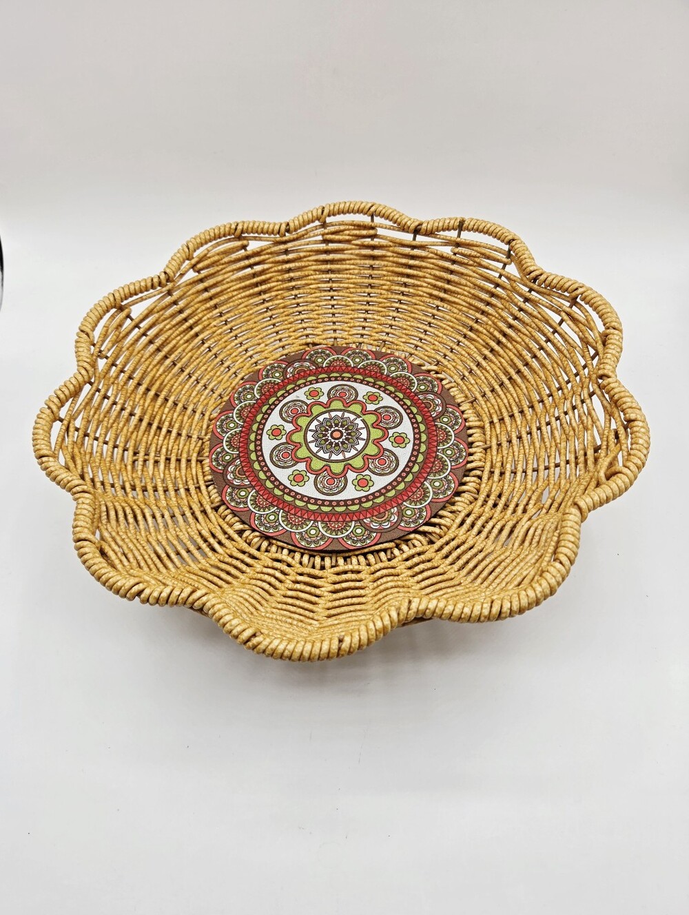 Woven Rattan Decorative Pedestal Bowl with Red & Green Medallion in the Center - Picture 3 of 5